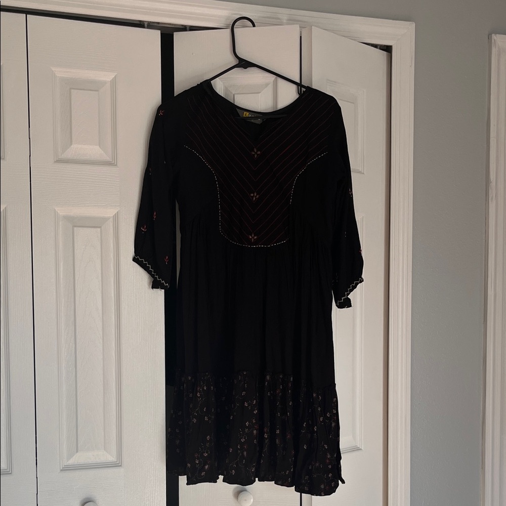 Black Bohemian Dress with Floral Accents